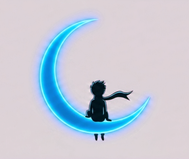 A silhouette of a boy sitting on a glowing electric crescent moon